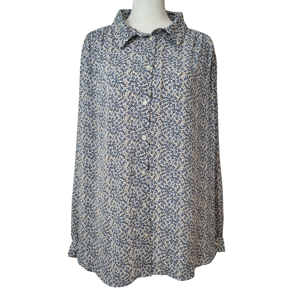 H&M Women's Blouse Size 18 Blue White Floral Button Down Long Sleeve Workwear